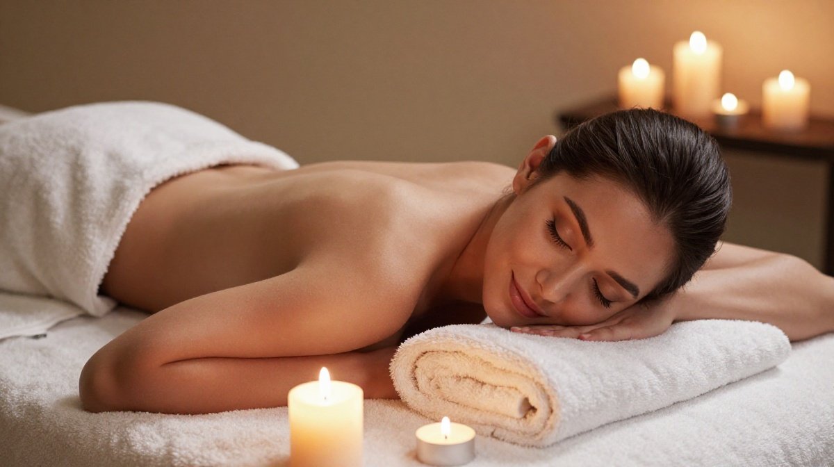 Woman relaxing in a spa-like environment with candles and soft towels, self-care and wellness concept, calming tones